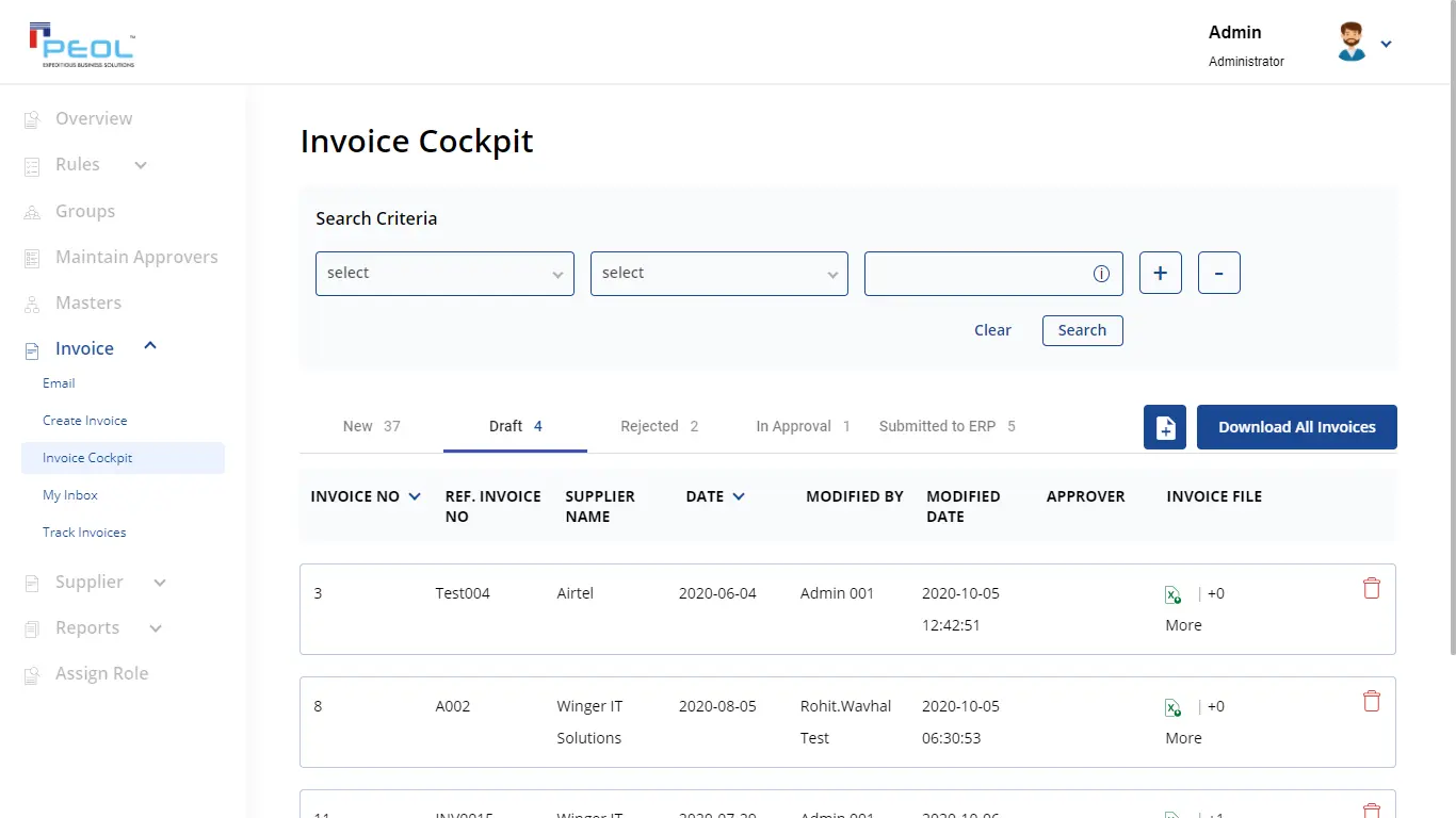 ELIPO Invoice Cockpit — invoice automation screen